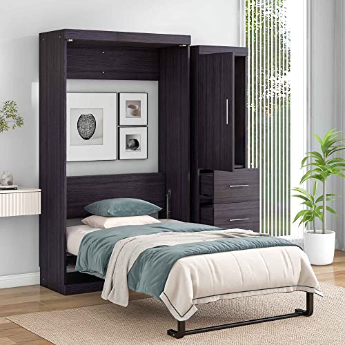 ATY Twin Size Murphy Bed with Wardrobe and Drawers, Wood Storage Bedframe Can be Folded into a Cabinet, Bedroom Furniture, Save Space Design, No Box Spring Required, Gray