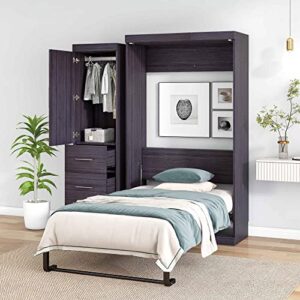 ATY Twin Size Murphy Bed with Wardrobe and Drawers, Wood Storage Bedframe Can be Folded into a Cabinet, Bedroom Furniture, Save Space Design, No Box Spring Required, Gray