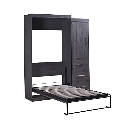 ATY Twin Size Murphy Bed with Wardrobe and Drawers, Wood Storage Bedframe Can be Folded into a Cabinet, Bedroom Furniture, Save Space Design, No Box Spring Required, Gray