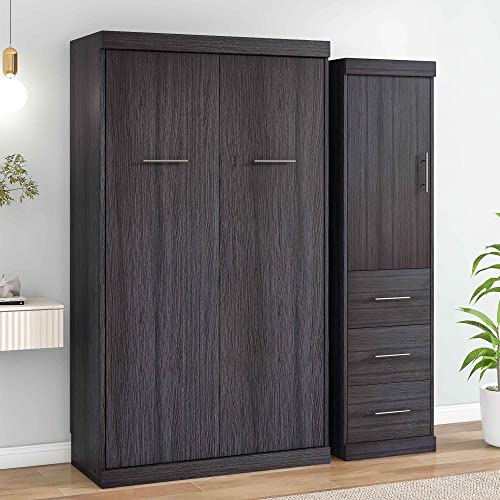 ATY Twin Size Murphy Bed with Wardrobe and Drawers, Wood Storage Bedframe Can be Folded into a Cabinet, Bedroom Furniture, Save Space Design, No Box Spring Required, Gray