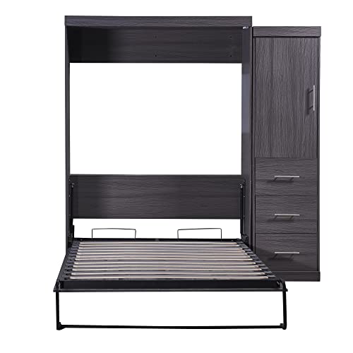 Hlcodca Versatile Full Size Murphy Bed with Wardrobe and 3 Drawers,Wood Storage Bed can be Folded into a Cabinet,for Small Spaces Apartments Studio Guest Room Use (Gray#G)