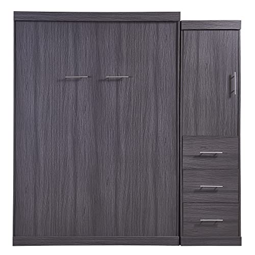 Hlcodca Versatile Full Size Murphy Bed with Wardrobe and 3 Drawers,Wood Storage Bed can be Folded into a Cabinet,for Small Spaces Apartments Studio Guest Room Use (Gray#G)