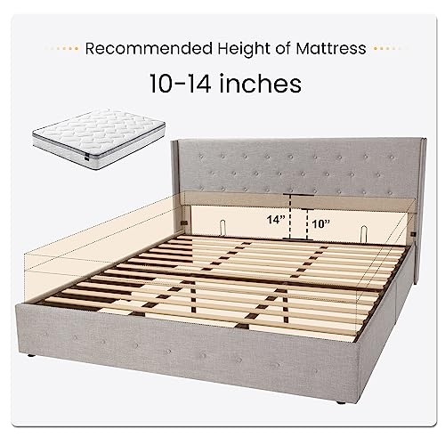 SHA CERLIN King Size Lift Up Storage Bed/Button Tufted Wingback Headboard/Hydraulic Storage/Upholstered Platform Bed Frame/No Box Spring Needed/Wood Slats Support/Light Beige