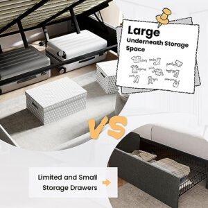 SHA CERLIN King Size Lift Up Storage Bed/Button Tufted Wingback Headboard/Hydraulic Storage/Upholstered Platform Bed Frame/No Box Spring Needed/Wood Slats Support/Light Beige