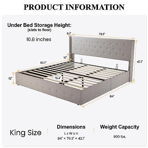SHA CERLIN King Size Lift Up Storage Bed/Button Tufted Wingback Headboard/Hydraulic Storage/Upholstered Platform Bed Frame/No Box Spring Needed/Wood Slats Support/Light Beige