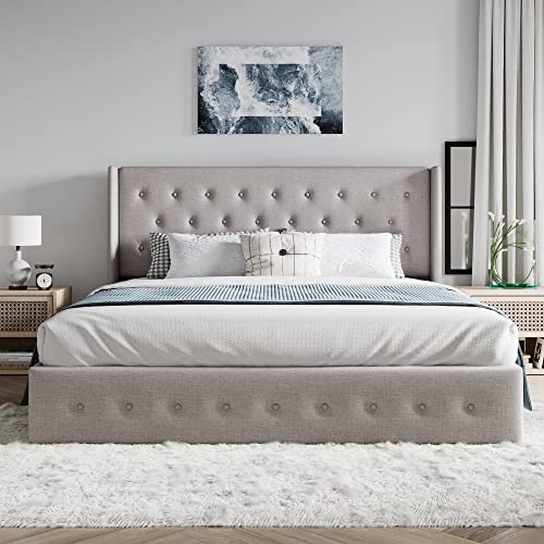 SHA CERLIN King Size Lift Up Storage Bed/Button Tufted Wingback Headboard/Hydraulic Storage/Upholstered Platform Bed Frame/No Box Spring Needed/Wood Slats Support/Light Beige