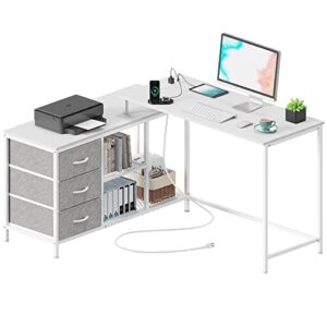 superjare l shaped desk with power outlets, computer desk with drawers & shelves, corner desk gaming desk home office desk, white