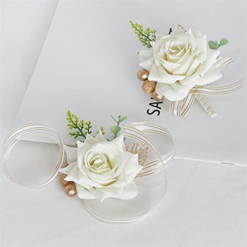 Jackcsale White Wrist Corsage and Boutonniere Set, Groomsmen Boy Boutonniere Bridesmaids Girl Corsage Wristlet Set for Wedding Party Prom Accessories Suit Decorations (Corsage and Boutonniere)