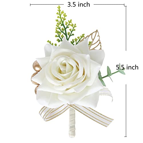 Jackcsale White Wrist Corsage and Boutonniere Set, Groomsmen Boy Boutonniere Bridesmaids Girl Corsage Wristlet Set for Wedding Party Prom Accessories Suit Decorations (Corsage and Boutonniere)