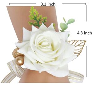 Jackcsale White Wrist Corsage and Boutonniere Set, Groomsmen Boy Boutonniere Bridesmaids Girl Corsage Wristlet Set for Wedding Party Prom Accessories Suit Decorations (Corsage and Boutonniere)