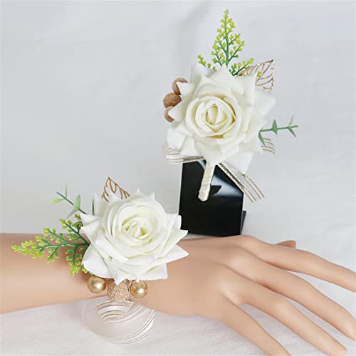 Jackcsale White Wrist Corsage and Boutonniere Set, Groomsmen Boy Boutonniere Bridesmaids Girl Corsage Wristlet Set for Wedding Party Prom Accessories Suit Decorations (Corsage and Boutonniere)