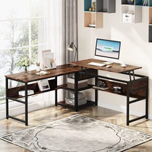 tribesigns l shaped desk with lift top, corner computer desk with storage shelves, sit to stand l shaped writing desk, industrial computer desk home office, 59'' writing desk with monitor stand