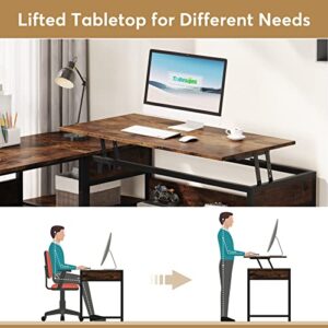 Tribesigns L Shaped Desk with Lift Top, Corner Computer Desk with Storage Shelves, Sit to Stand L Shaped Writing Desk, Industrial Computer Desk Home Office, 59'' Writing Desk with Monitor Stand
