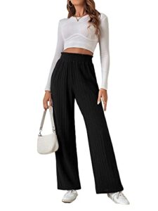 gorglitter women's solid high waist wide leg pant elastic ribbed knit palazzo pants trousers black medium