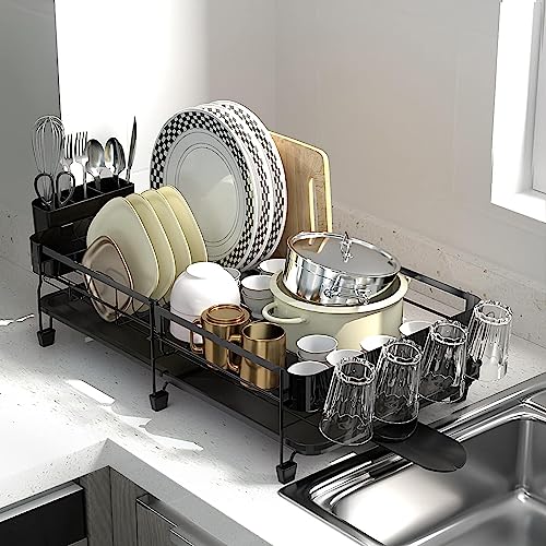 SuperOrganize Dish Drying Rack, Expandable (9.45"-12.6") Dish Rack with Drainboard, Dish Drainers for Kitchen Counter, Stainless Steel Kitchen Drying Rack with 360°Swivel Spout and Utensil Holder