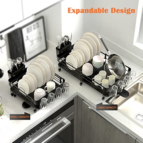 SuperOrganize Dish Drying Rack, Expandable (9.45"-12.6") Dish Rack with Drainboard, Dish Drainers for Kitchen Counter, Stainless Steel Kitchen Drying Rack with 360°Swivel Spout and Utensil Holder