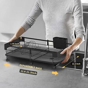 SuperOrganize Dish Drying Rack, Expandable (9.45"-12.6") Dish Rack with Drainboard, Dish Drainers for Kitchen Counter, Stainless Steel Kitchen Drying Rack with 360°Swivel Spout and Utensil Holder