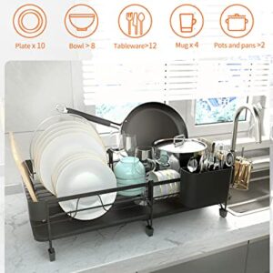 SuperOrganize Dish Drying Rack, Expandable (9.45"-12.6") Dish Rack with Drainboard, Dish Drainers for Kitchen Counter, Stainless Steel Kitchen Drying Rack with 360°Swivel Spout and Utensil Holder