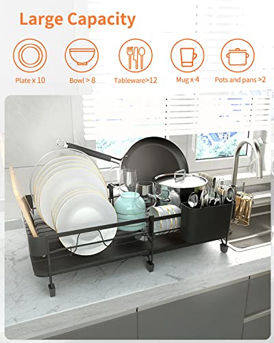 SuperOrganize Dish Drying Rack, Expandable (9.45"-12.6") Dish Rack with Drainboard, Dish Drainers for Kitchen Counter, Stainless Steel Kitchen Drying Rack with 360°Swivel Spout and Utensil Holder