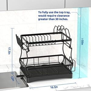 Dish Drying Rack, 2-Tier Dish Drying Rack with Drainboard Set, Black Metal Dish Rack Plate Rack for Kitchen Counter, Dish Drainer with Utensil & Cutlery Holder - Space-Saving Organizer for Countertop