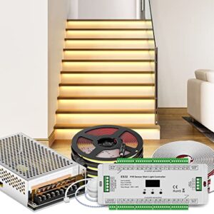 btf-lighting pir sensor stair light es32 controller kit 3x16ft custom fcob led strip length fits all widths of stairs dc24v 3000k cri 90+ 8mm width dimmable uniform light multiple on and off modes