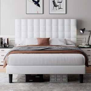 ipormis full size platform bed frame, faux leather upholstered bed frame with square tufted headboard, wood slats support, no box spring needed, easy assembly, white