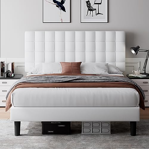 iPormis Full Size Platform Bed Frame, Faux Leather Upholstered Bed Frame with Square Tufted Headboard, Wood Slats Support, No Box Spring Needed, Easy Assembly, White