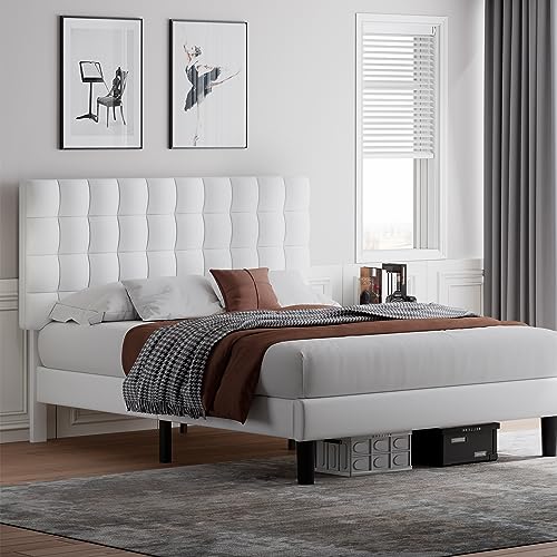 iPormis Full Size Platform Bed Frame, Faux Leather Upholstered Bed Frame with Square Tufted Headboard, Wood Slats Support, No Box Spring Needed, Easy Assembly, White