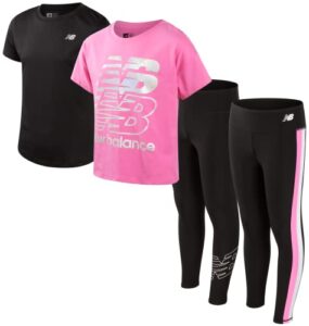 new balance girls' legging set - 4 piece short sleeve t-shirt and leggings set (7-16), size 7-8, black/pink