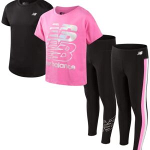 New Balance Girls' Legging Set - 4 Piece Short Sleeve T-Shirt and Leggings Set (7-16), Size 7-8, Black/Pink