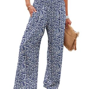 JASPAL Women Casual High Waisted Palazzo Pants Wide Leg Long Lounge Trendy Trousers with Pocket-L-Blue White Flower