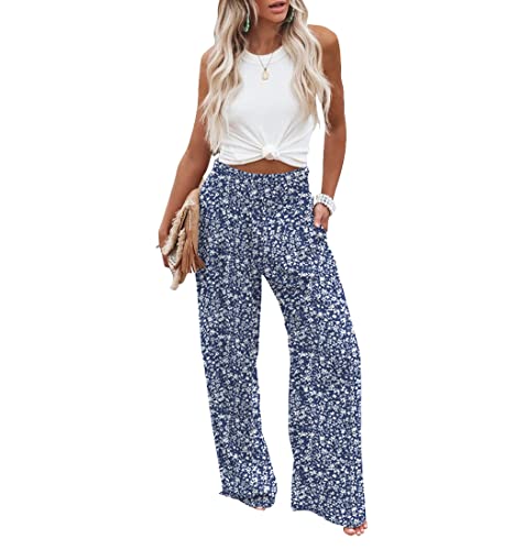JASPAL Women Casual High Waisted Palazzo Pants Wide Leg Long Lounge Trendy Trousers with Pocket-L-Blue White Flower