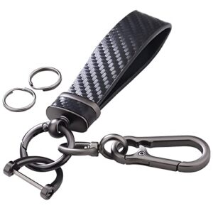 pickbeau car keychain universal key chain, male and female carbon fiber key chain with anti loss d-ring, 3 key rings black.