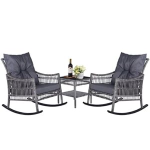 veikou patio furniture set rocking bistro set, 3 pc outdoor wicker w/upgraded 3'' thicken cushion, rattan chair conversation sets with glass coffee table, grey/black