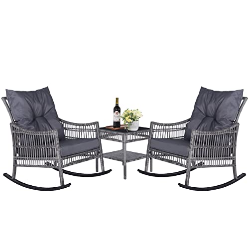 VEIKOU Patio Furniture Set Rocking Bistro Set, 3 Pc Outdoor Wicker w/Upgraded 3'' Thicken Cushion, Rattan Chair Conversation Sets with Glass Coffee Table, Grey/Black