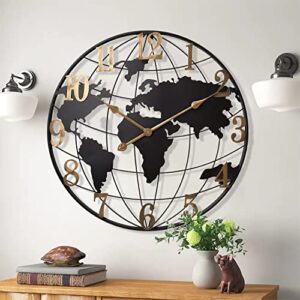 large world map wall clock, metal minimalist modern clock, round silent non-ticking battery operated wall clocks for living room/home/kitchen/bedroom/office/farmhouse decor (24 inch)
