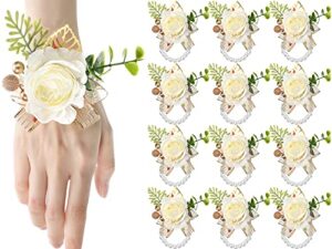 12 pcs wedding rose wrist corsages wristlet band white hand flower wrist corsage bracelets wedding corsage boutonniere for bride bridesmaid girl, prom homecoming dinner party decoration