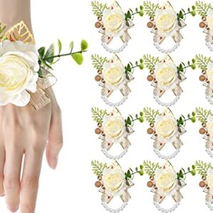 12 Pcs Wedding Rose Wrist Corsages Wristlet Band White Hand Flower Wrist Corsage Bracelets Wedding Corsage Boutonniere for Bride Bridesmaid Girl, Prom Homecoming Dinner Party Decoration