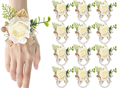 12 Pcs Wedding Rose Wrist Corsages Wristlet Band White Hand Flower Wrist Corsage Bracelets Wedding Corsage Boutonniere for Bride Bridesmaid Girl, Prom Homecoming Dinner Party Decoration