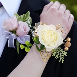 12 Pcs Wedding Rose Wrist Corsages Wristlet Band White Hand Flower Wrist Corsage Bracelets Wedding Corsage Boutonniere for Bride Bridesmaid Girl, Prom Homecoming Dinner Party Decoration