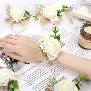 12 Pcs Wedding Rose Wrist Corsages Wristlet Band White Hand Flower Wrist Corsage Bracelets Wedding Corsage Boutonniere for Bride Bridesmaid Girl, Prom Homecoming Dinner Party Decoration