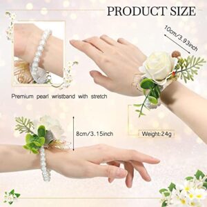 12 Pcs Wedding Rose Wrist Corsages Wristlet Band White Hand Flower Wrist Corsage Bracelets Wedding Corsage Boutonniere for Bride Bridesmaid Girl, Prom Homecoming Dinner Party Decoration