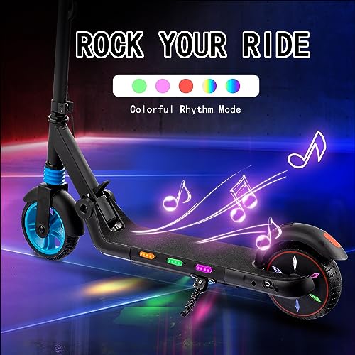 Electric Scooter for Kids Ages 6-12, Colorful Rainbow Lights, Bluetooth Music Speaker, LED Display and Adjustable Speed, Foldable E-Scooter for Kids Girls Boys, Ideal Gift for Children (Black)