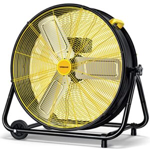 vagkri 24 inch industrial drum fan, 320w high velocity floor fan, 3 speed heavy duty metal air circulator, 360° tilt with casters handle etl standard for patios, warehouse, commercial, basement