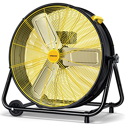 VAGKRI 24 Inch Industrial Drum Fan, 320W High Velocity Floor Fan, 3 Speed Heavy Duty Metal Air Circulator, 360° Tilt with Casters Handle ETL Standard for Patios, Warehouse, Commercial, Basement