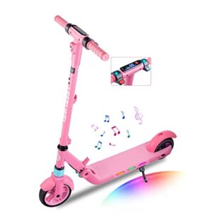 electric scooter for kids ages 6-12, colorful rainbow lights, bluetooth music speaker, led display and adjustable speed, foldable e-scooter for kids girls boys, ideal gift for children (pink)