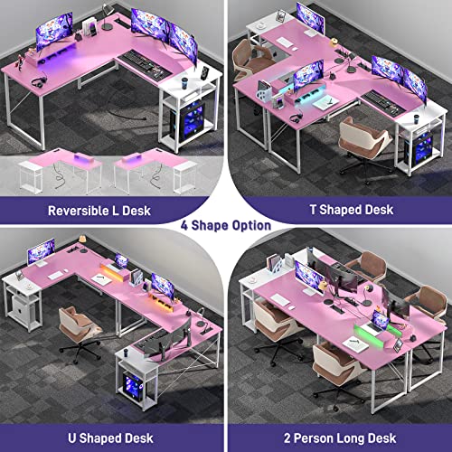 Cyclysio L Shaped Desk with Power Outlets and USB Ports, Reversible L Shaped Gaming Computer Desk with LED Light, 83.5'' Large 2 Person Desk with Monitor Stand, L-Shaped Corner Desk, Pink and White