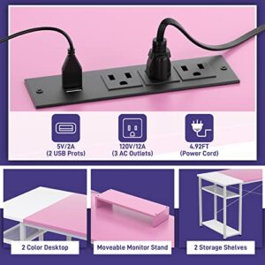 Cyclysio L Shaped Desk with Power Outlets and USB Ports, Reversible L Shaped Gaming Computer Desk with LED Light, 83.5'' Large 2 Person Desk with Monitor Stand, L-Shaped Corner Desk, Pink and White