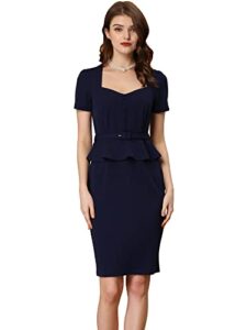 allegra k women's peplum sweetheart neck short sleeve wear to work office sheath dress small navy blue