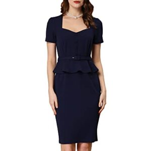 Allegra K Women's Peplum Sweetheart Neck Short Sleeve Wear to Work Office Sheath Dress Small Navy Blue